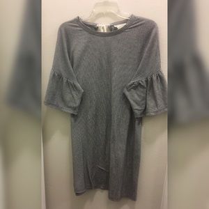 Bell-sleeved Black & White pin-stripped dress